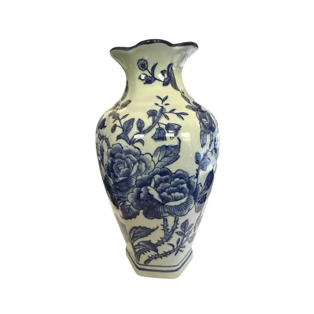 2 New Chinese Blue & White Rosé Transfer Wear Chinoiserie Pocket Wall Vase 10” T